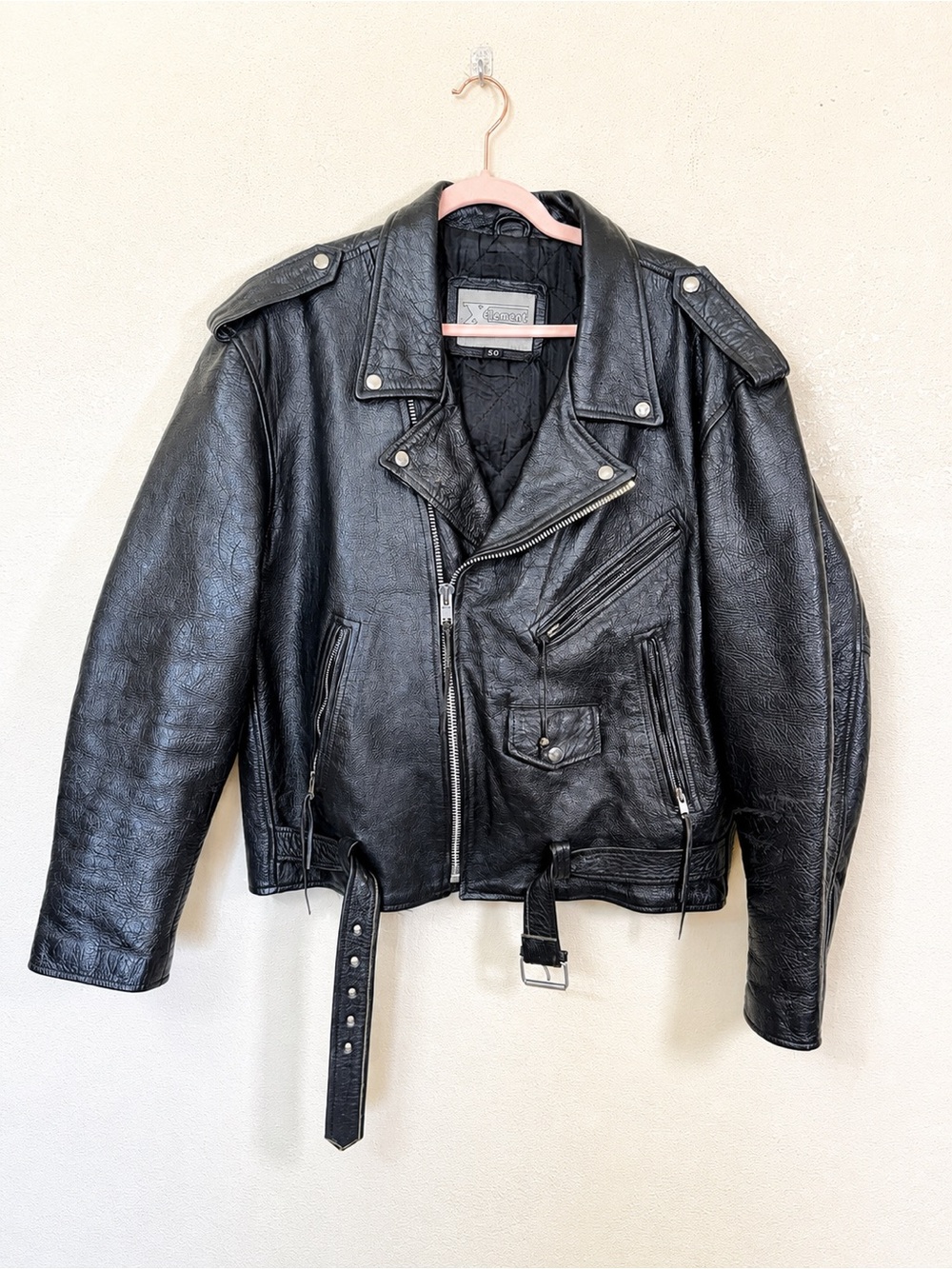Men’s Vintage Genuine Leather Biker Motorcycle Black Heavy Jacket Coat Size 50